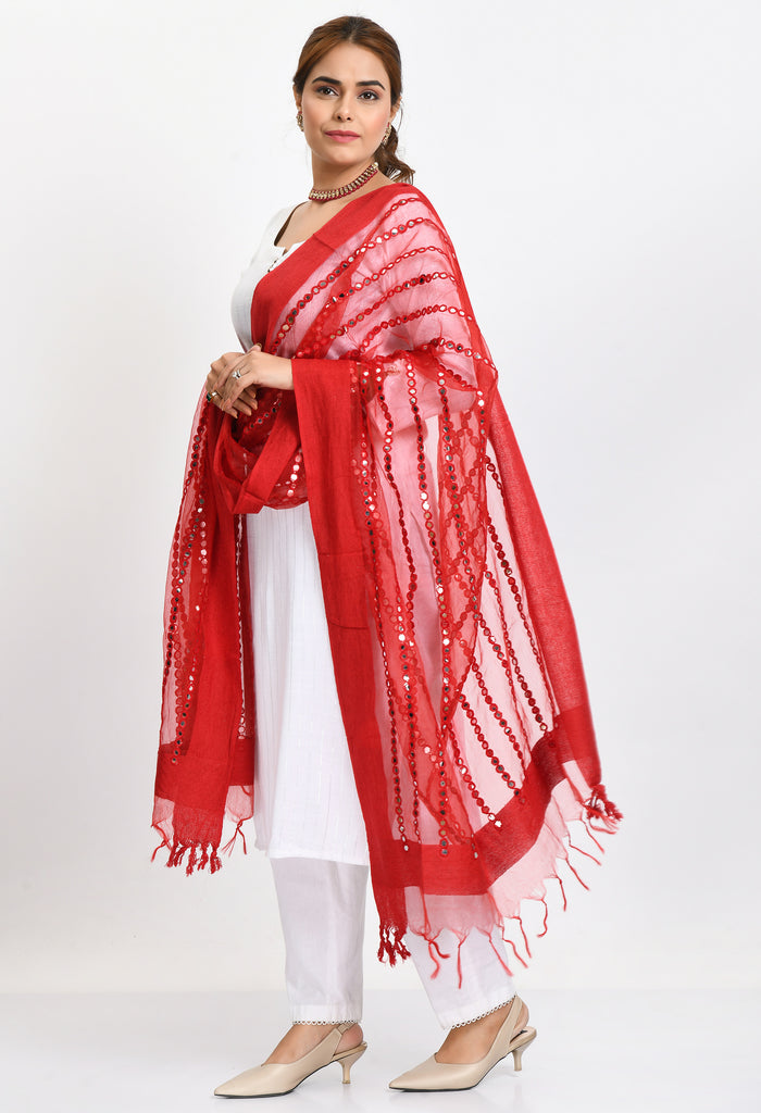 Women's Orgenza Mirror Stripe Thread Work Red Dupatta