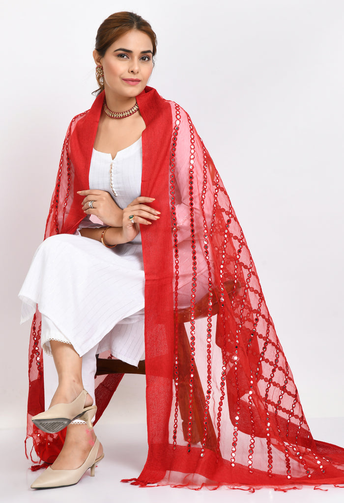 Women's Orgenza Mirror Stripe Thread Work Red Dupatta
