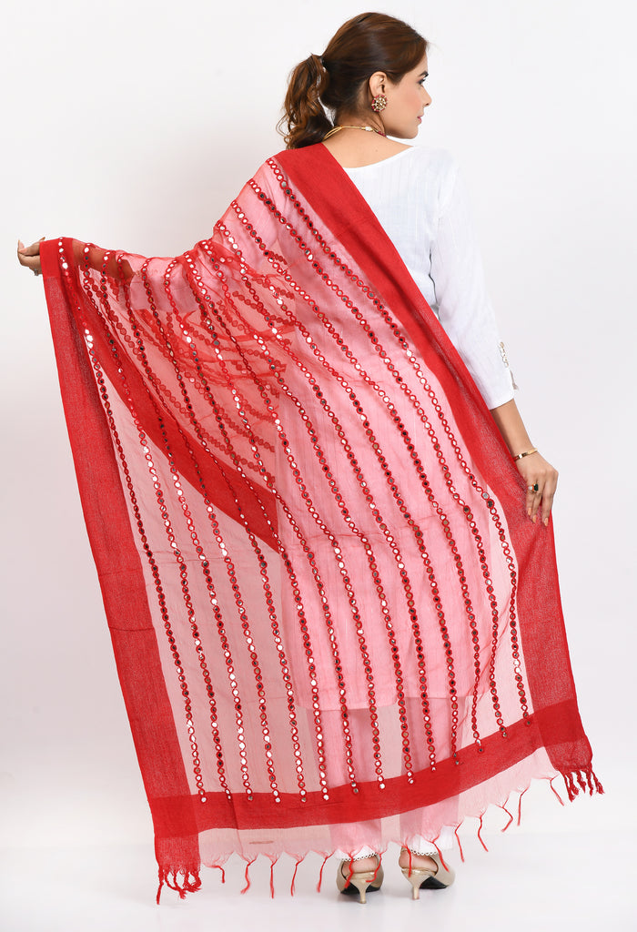 Women's Orgenza Mirror Stripe Thread Work Red Dupatta