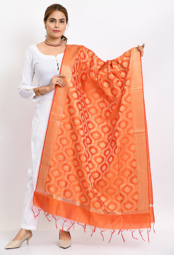 Women's Banarsi Silk All Over  Woven Design Orange Dupatta