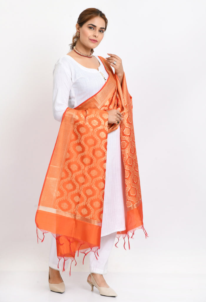 Women's Banarsi Silk All Over  Woven Design Orange Dupatta