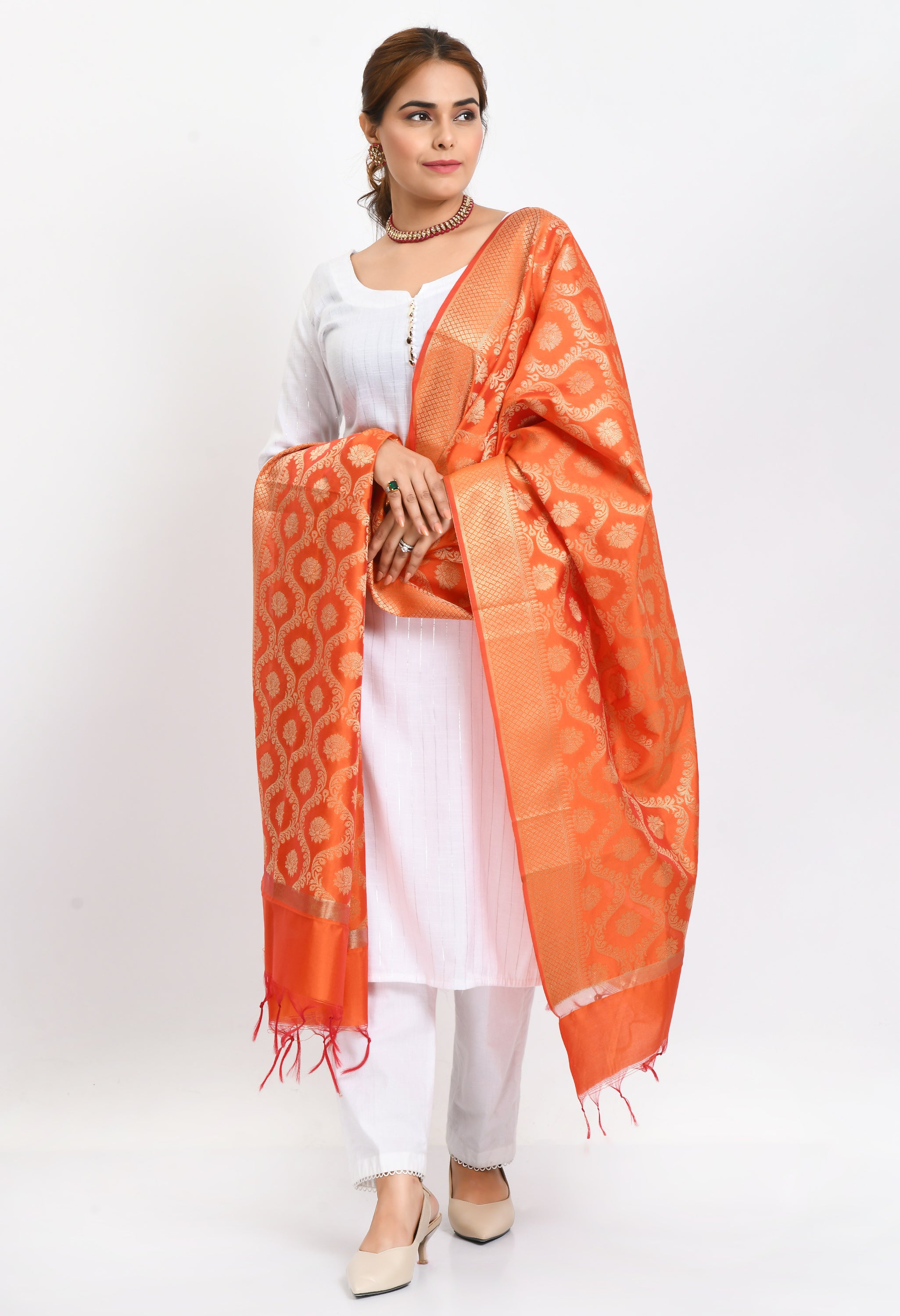 Women's Banarsi Silk All Over  Woven Design Orange Dupatta - Moeza