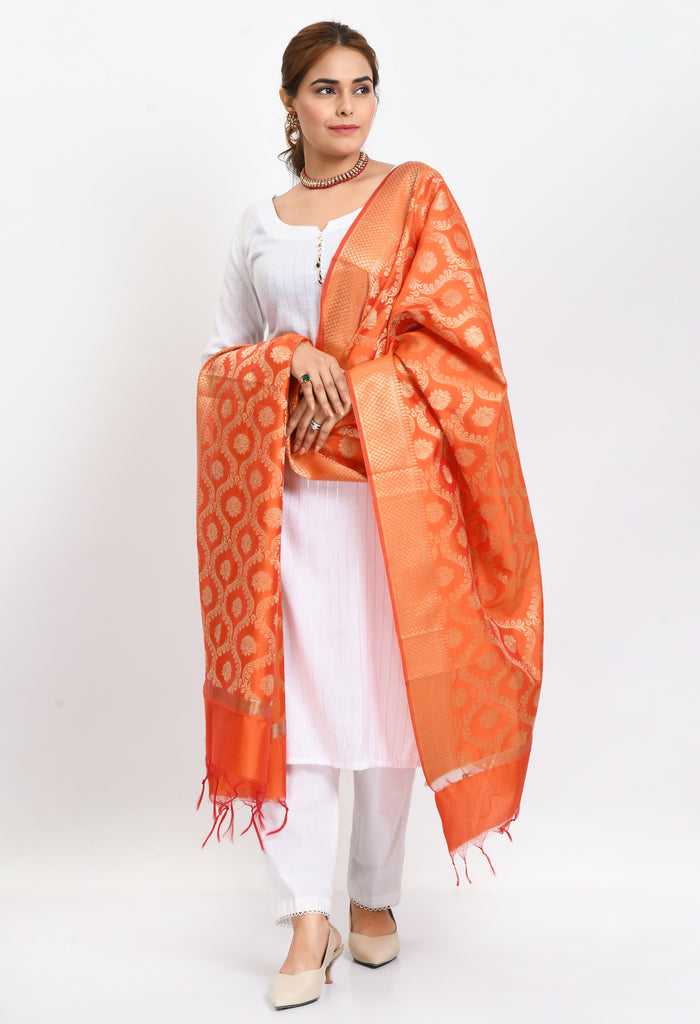 Women's Banarsi Silk All Over  Woven Design Orange Dupatta
