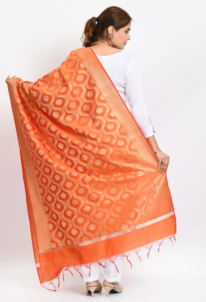 Women's Banarsi Silk All Over  Woven Design Orange Dupatta