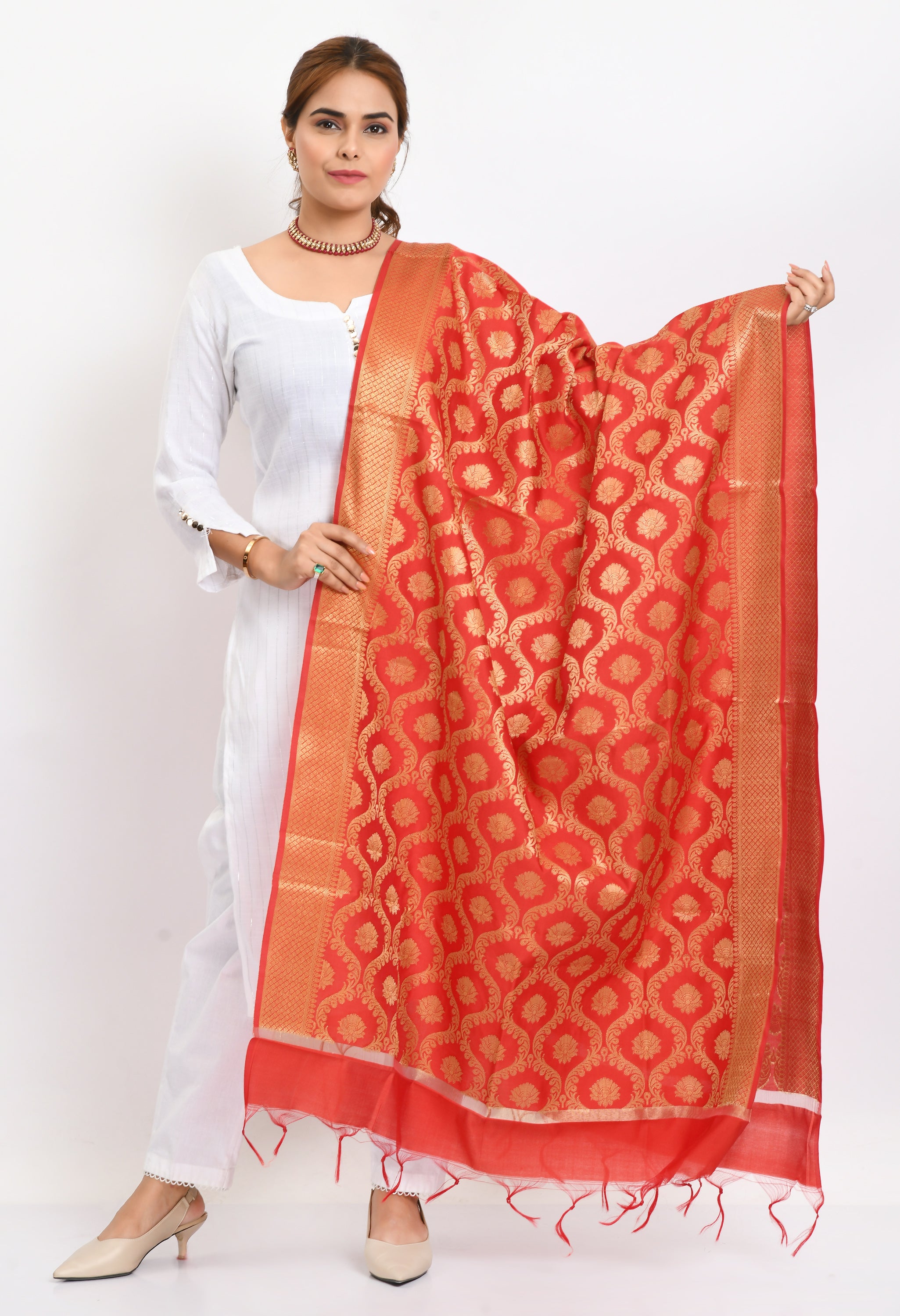 Women's Banarsi Silk All Over  Woven Design Red Dupatta - Moeza