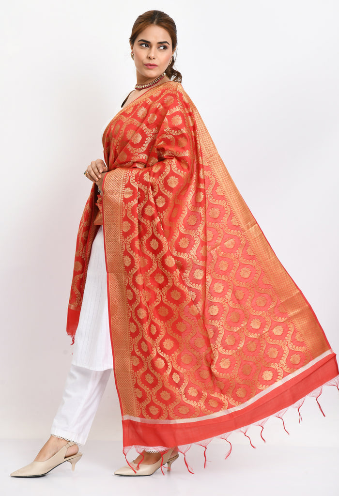 Women's Banarsi Silk All Over  Woven Design Red Dupatta