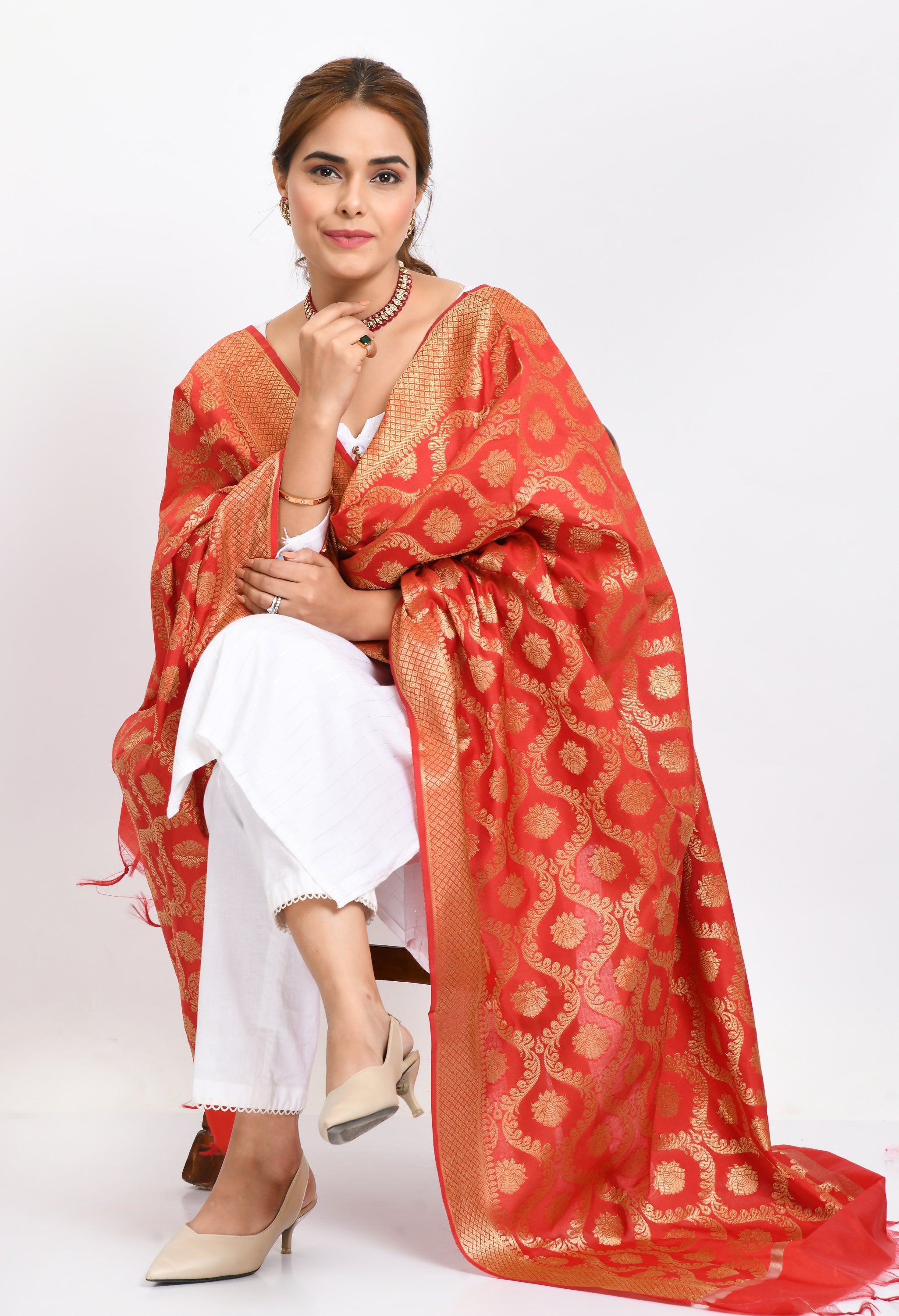 Women's Banarsi Silk All Over  Woven Design Red Dupatta - Moeza