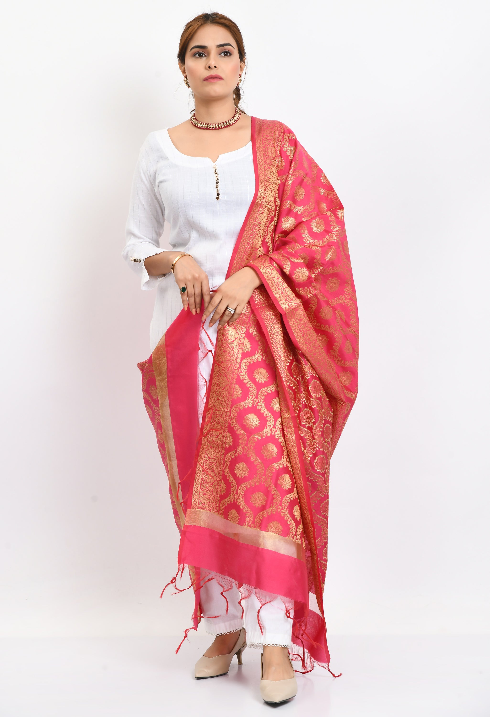 Women's Banarsi Silk All Over  Woven Design Pink Dupatta - Moeza