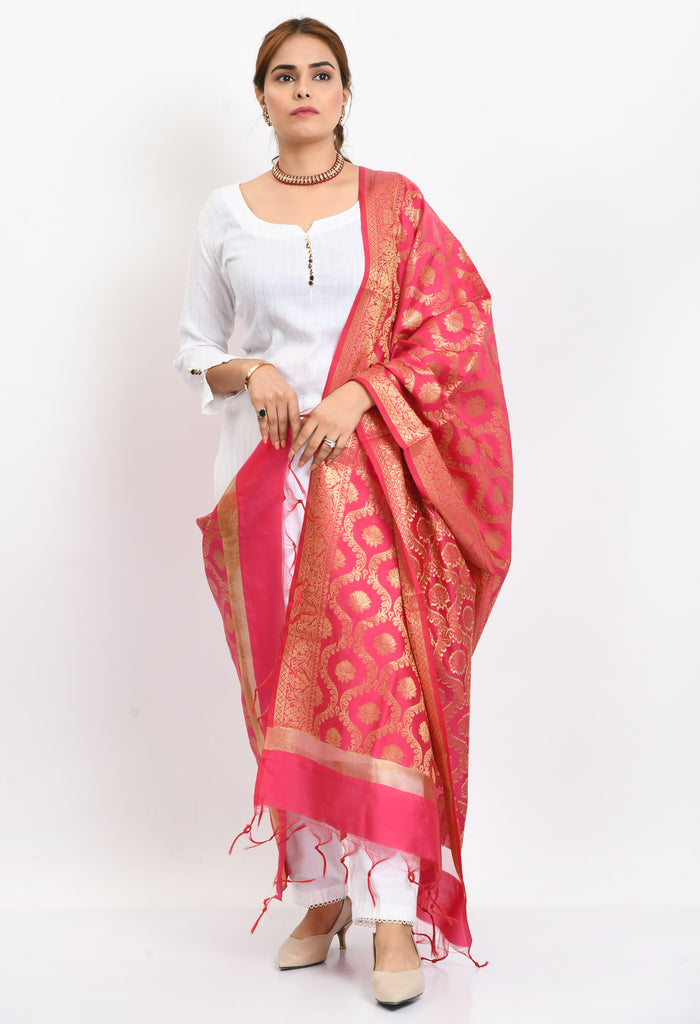 Women's Banarsi Silk All Over  Woven Design Pink Dupatta