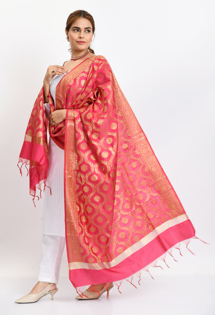Women's Banarsi Silk All Over  Woven Design Pink Dupatta