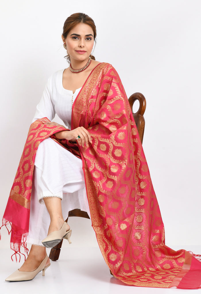 Women's Banarsi Silk All Over  Woven Design Pink Dupatta