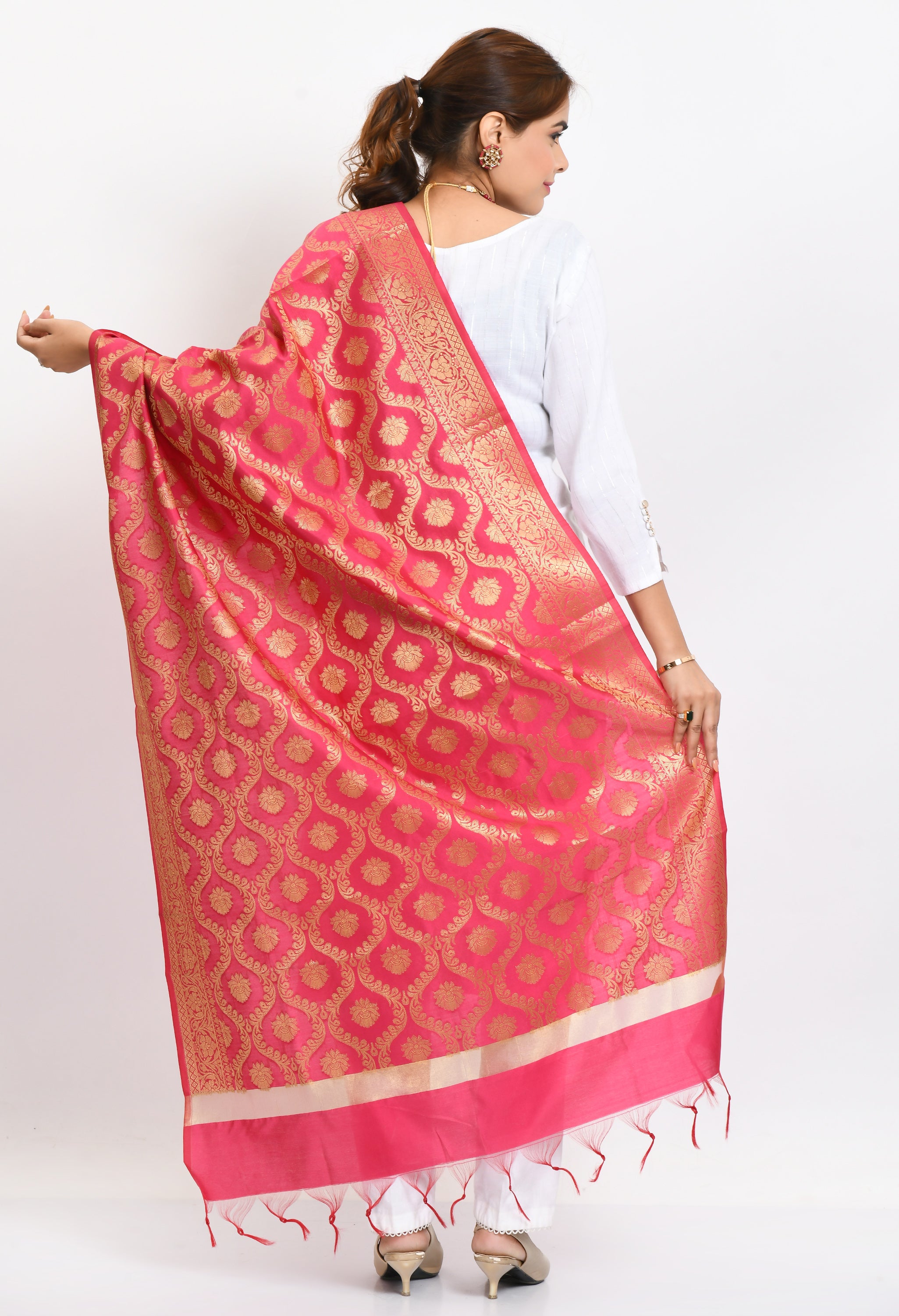 Women's Banarsi Silk All Over  Woven Design Pink Dupatta - Moeza