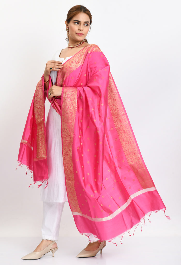 Women's Banarsi Silk Woven Design Pink Dupatta