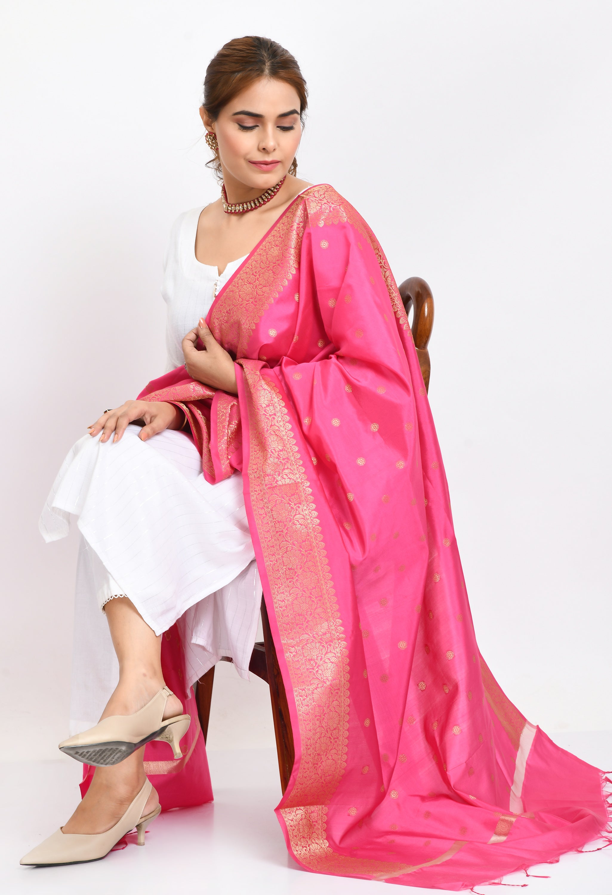 Women's Banarsi Silk Woven Design Pink Dupatta - Moeza