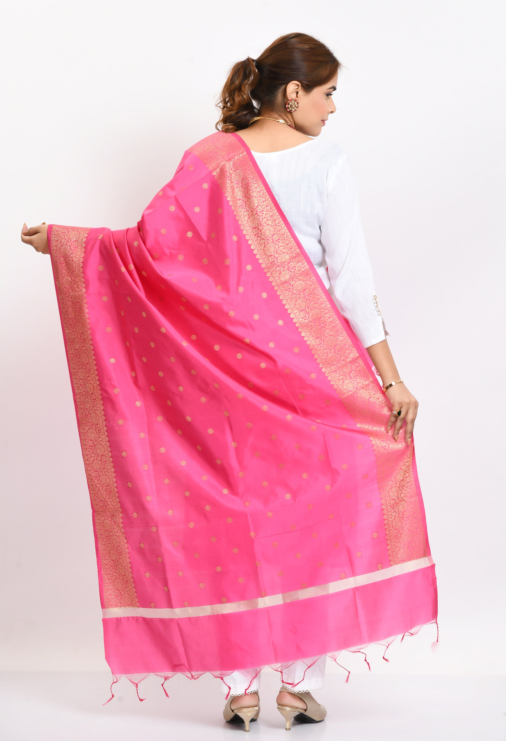 Women's Banarsi Silk Woven Design Pink Dupatta - Moeza