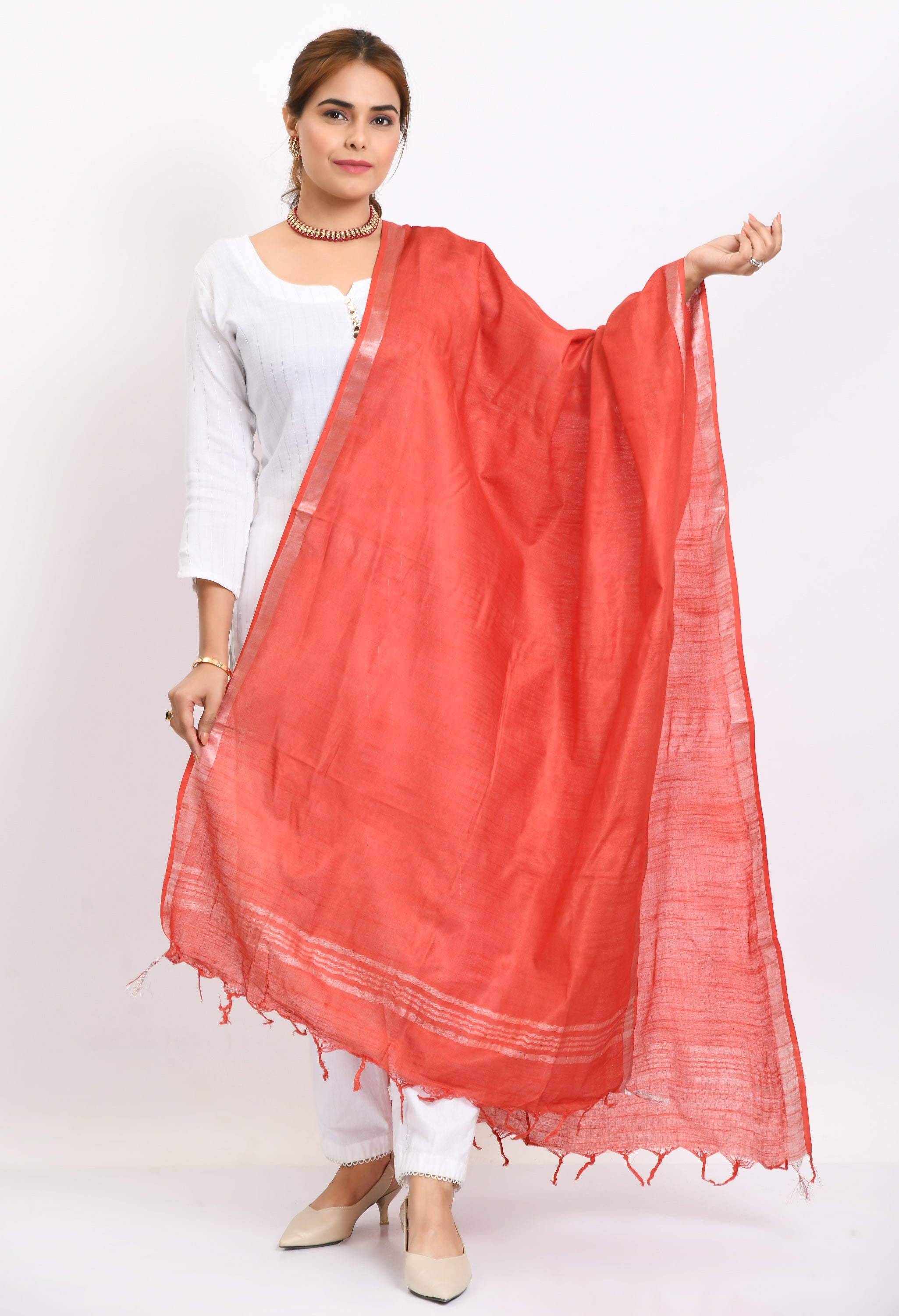Women's Linen Cotton Silver Border Red Dupatta - Moeza
