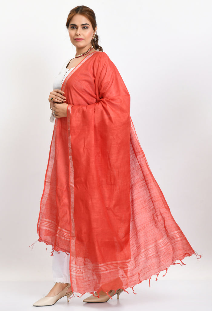 Women's Linen Cotton Silver Border Red Dupatta