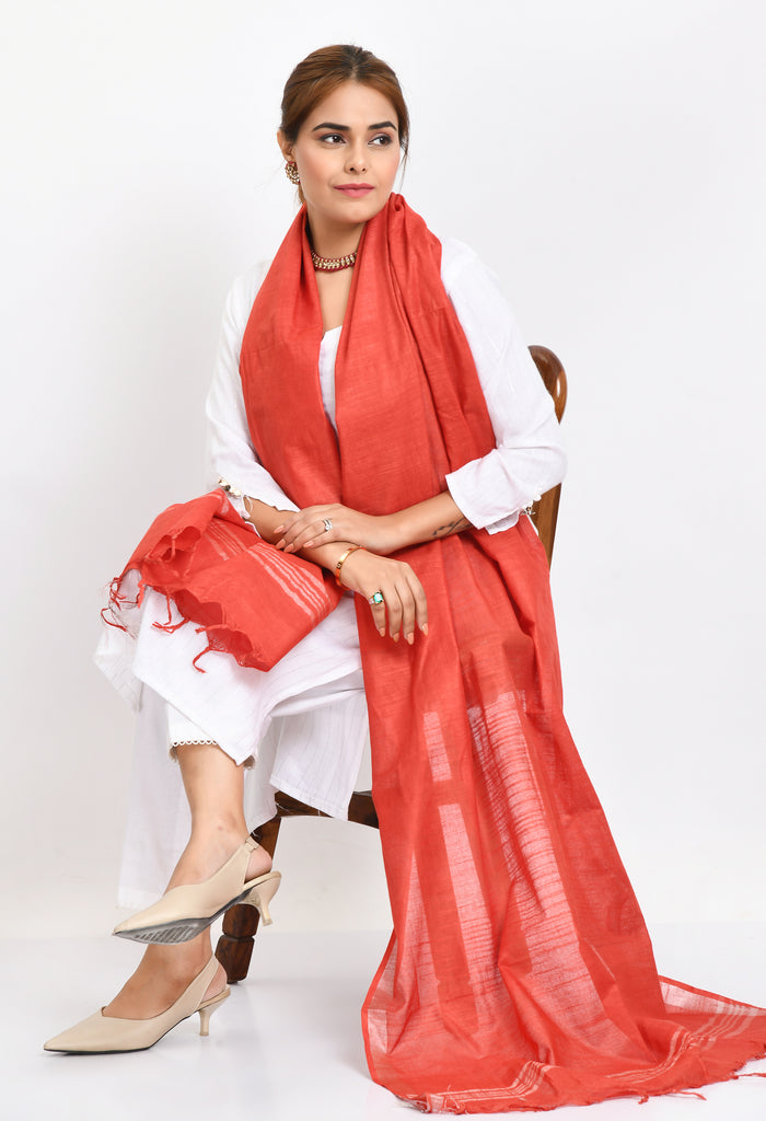 Women's Linen Cotton Silver Border Red Dupatta