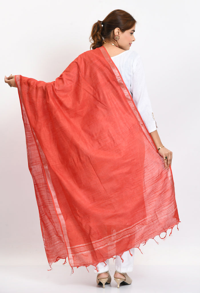 Women's Linen Cotton Silver Border Red Dupatta