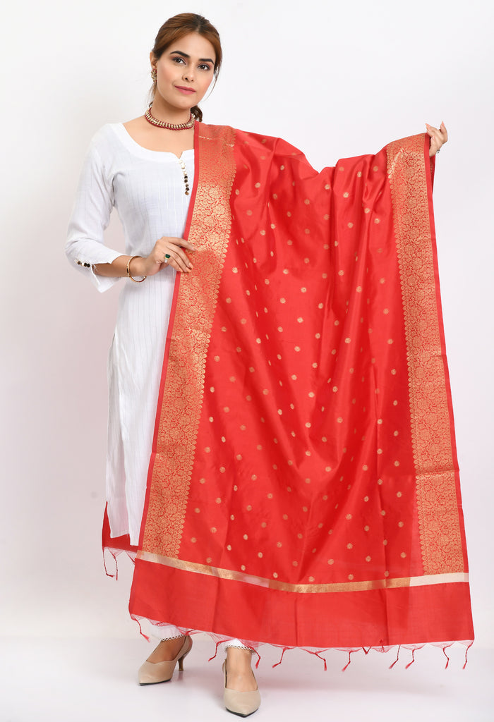 Women's Banarsi Silk Woven Design Red Dupatta