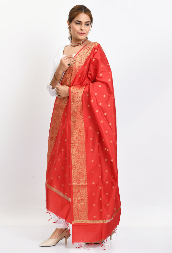 Women's Banarsi Silk Woven Design Red Dupatta