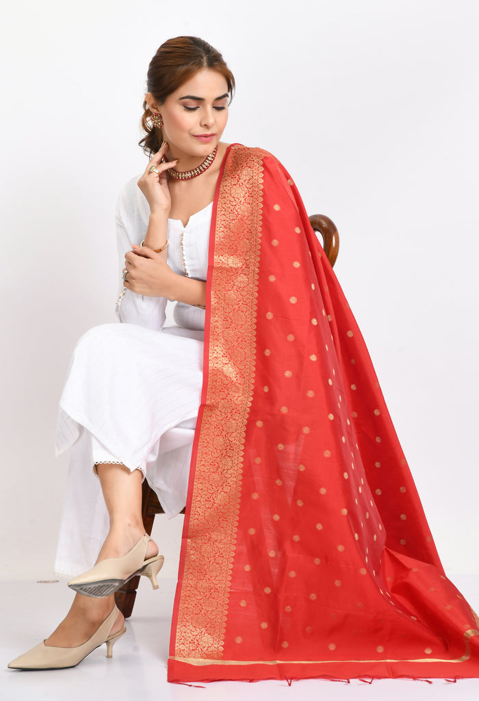 Women's Banarsi Silk Woven Design Red Dupatta