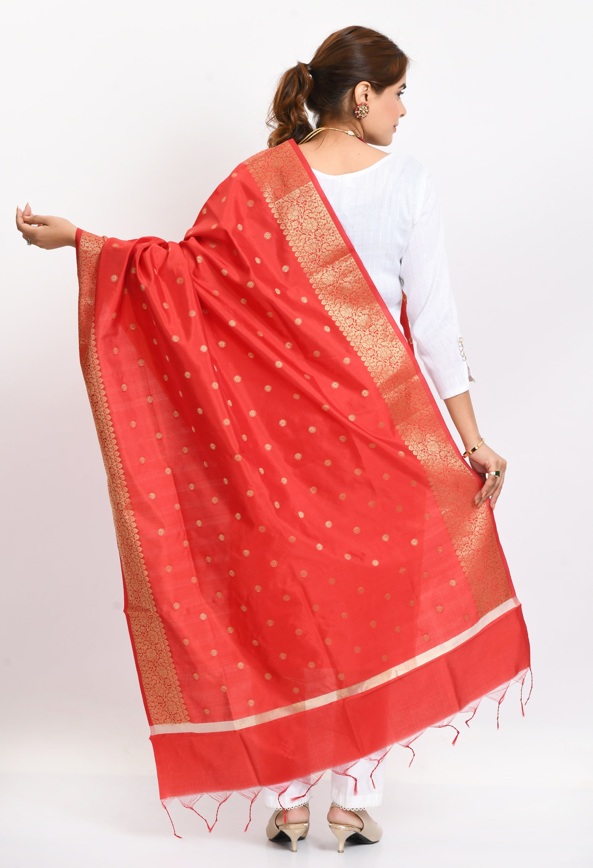 Women's Banarsi Silk Woven Design Red Dupatta - Moeza