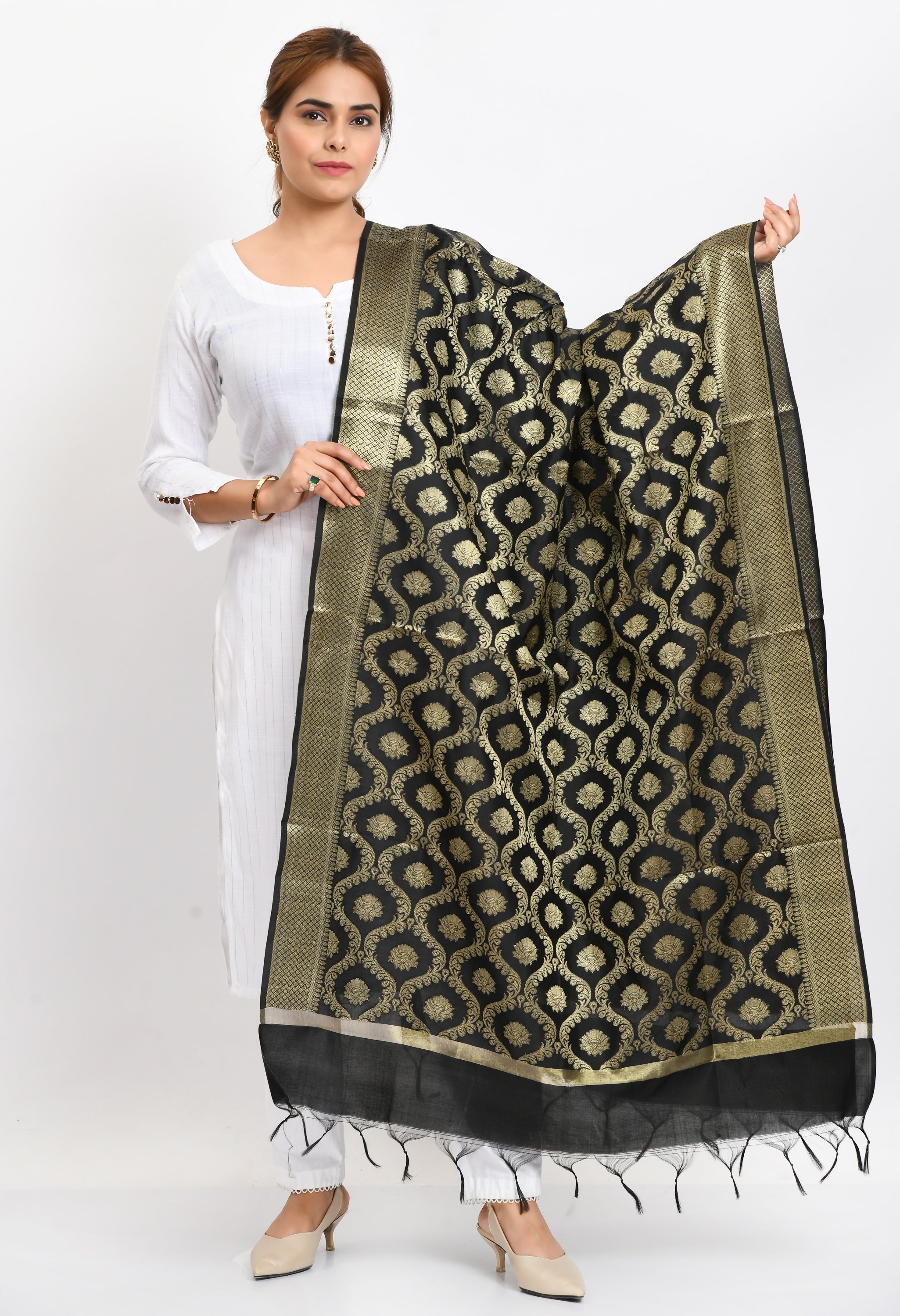 Women's Banarsi Silk All Over  Woven Design Black Dupatta - Moeza