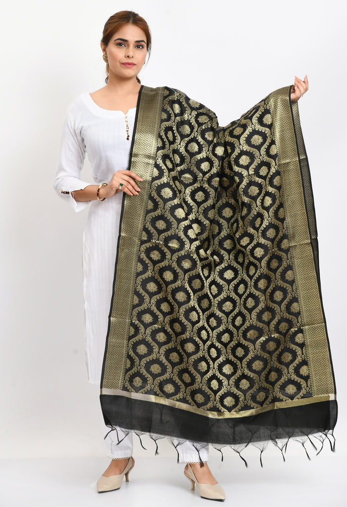 Women's Banarsi Silk All Over  Woven Design Black Dupatta