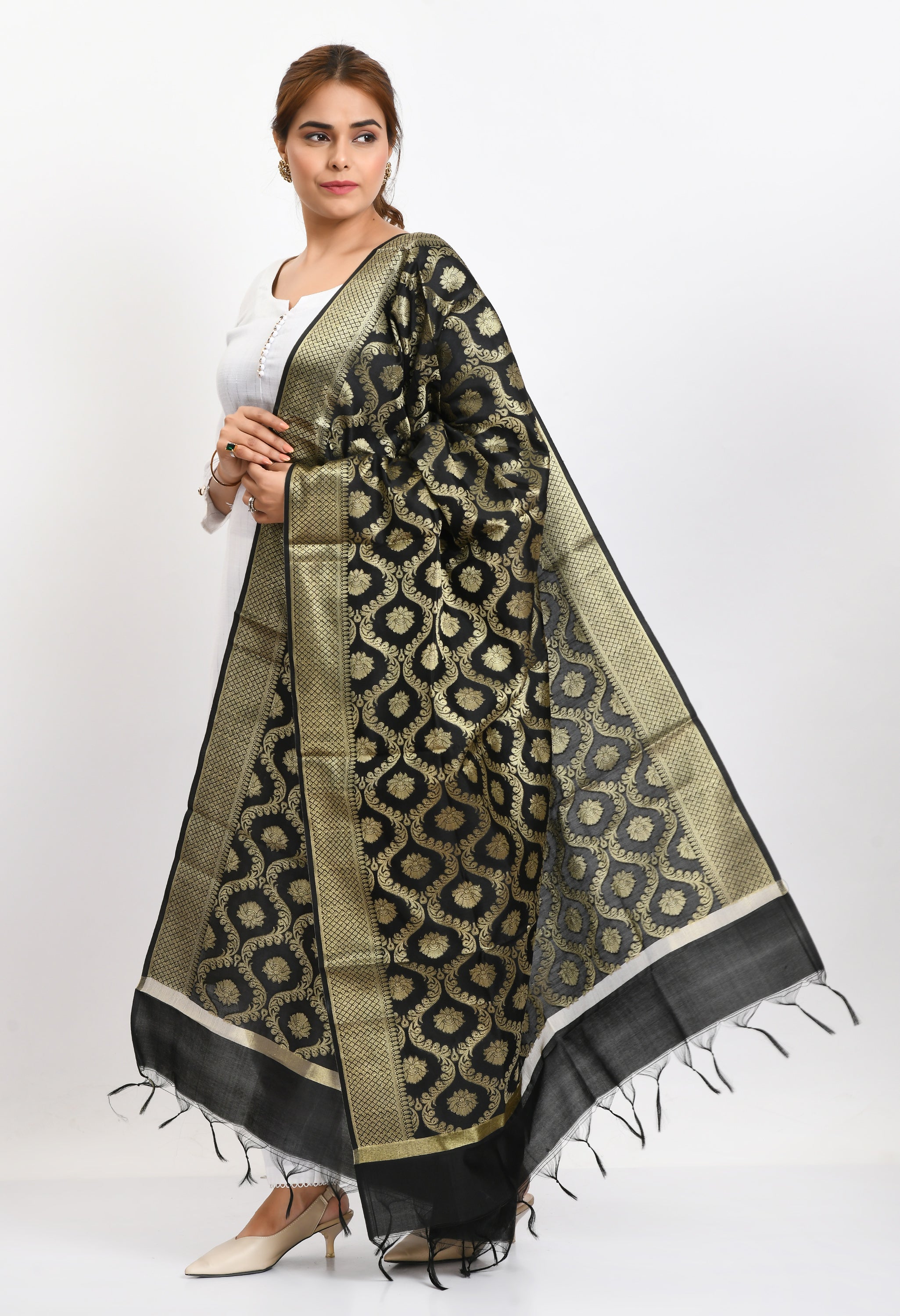 Women's Banarsi Silk All Over  Woven Design Black Dupatta - Moeza