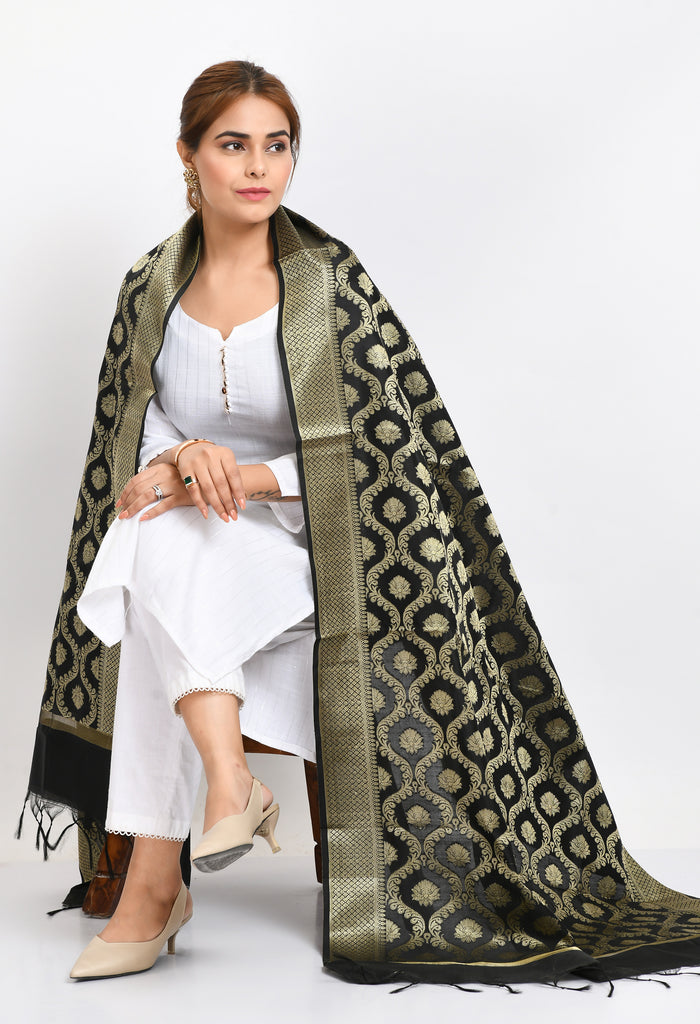 Women's Banarsi Silk All Over  Woven Design Black Dupatta