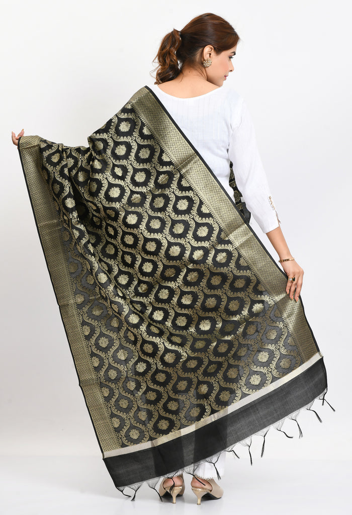 Women's Banarsi Silk All Over  Woven Design Black Dupatta