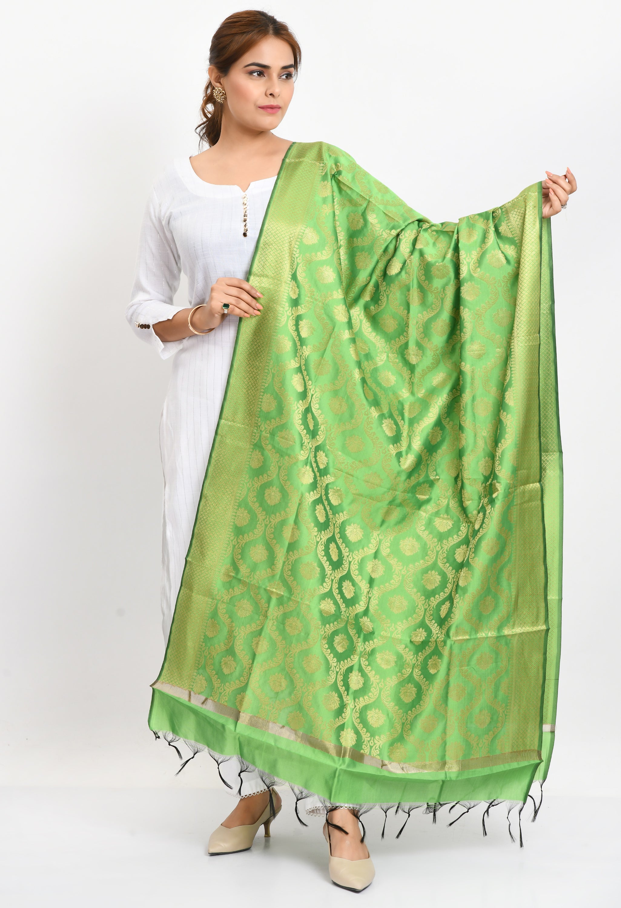 Women's Banarsi Silk All Over  Woven Design Parrot Green Dupatta - Moeza