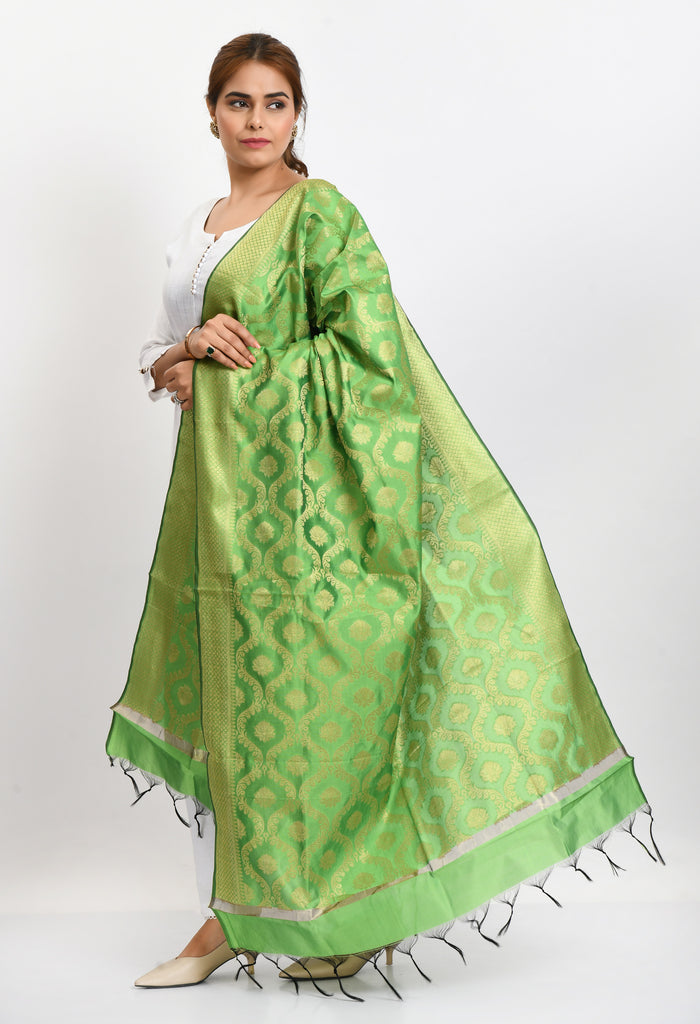 Women's Banarsi Silk All Over  Woven Design Parrot Green Dupatta