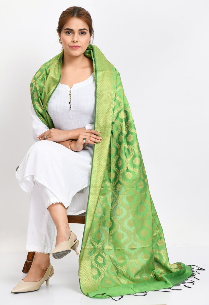 Women's Banarsi Silk All Over  Woven Design Parrot Green Dupatta