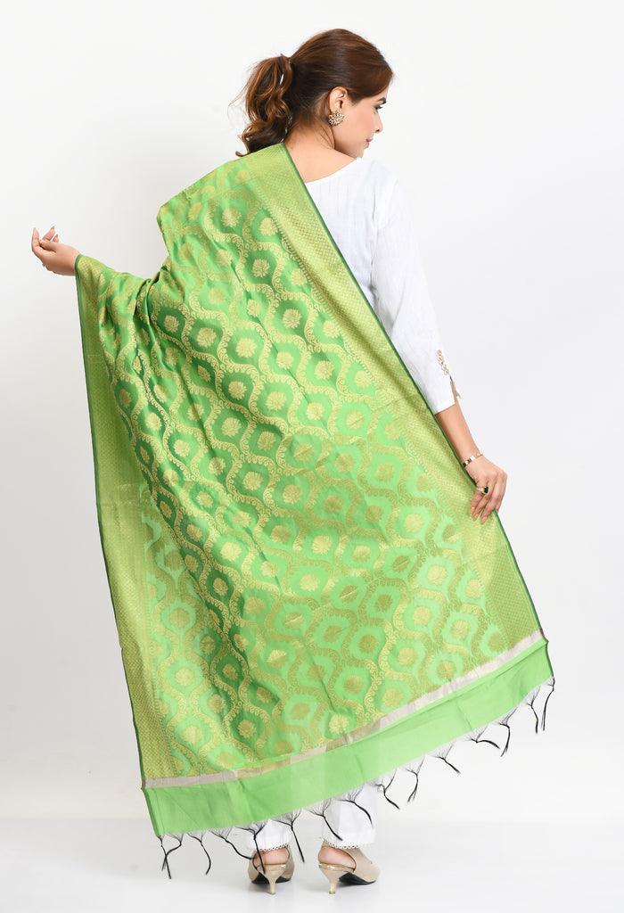 Women's Banarsi Silk All Over  Woven Design Parrot Green Dupatta