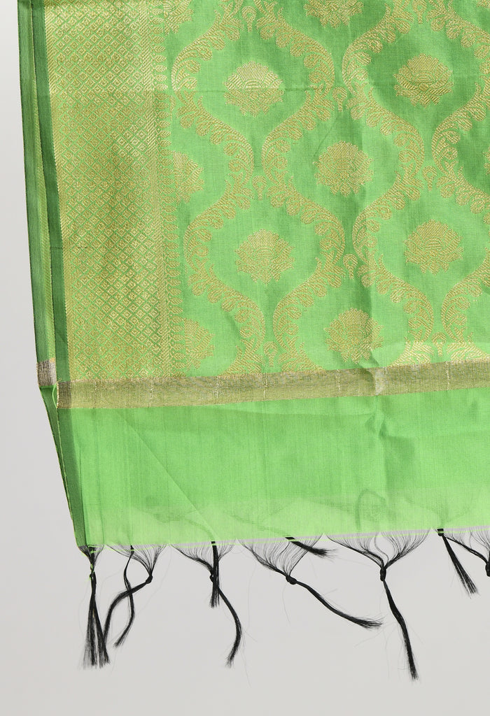 Women's Banarsi Silk All Over  Woven Design Parrot Green Dupatta