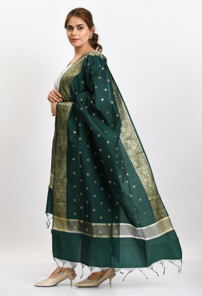 Women's Banarsi Silk Woven Design Bottle Green Dupatta