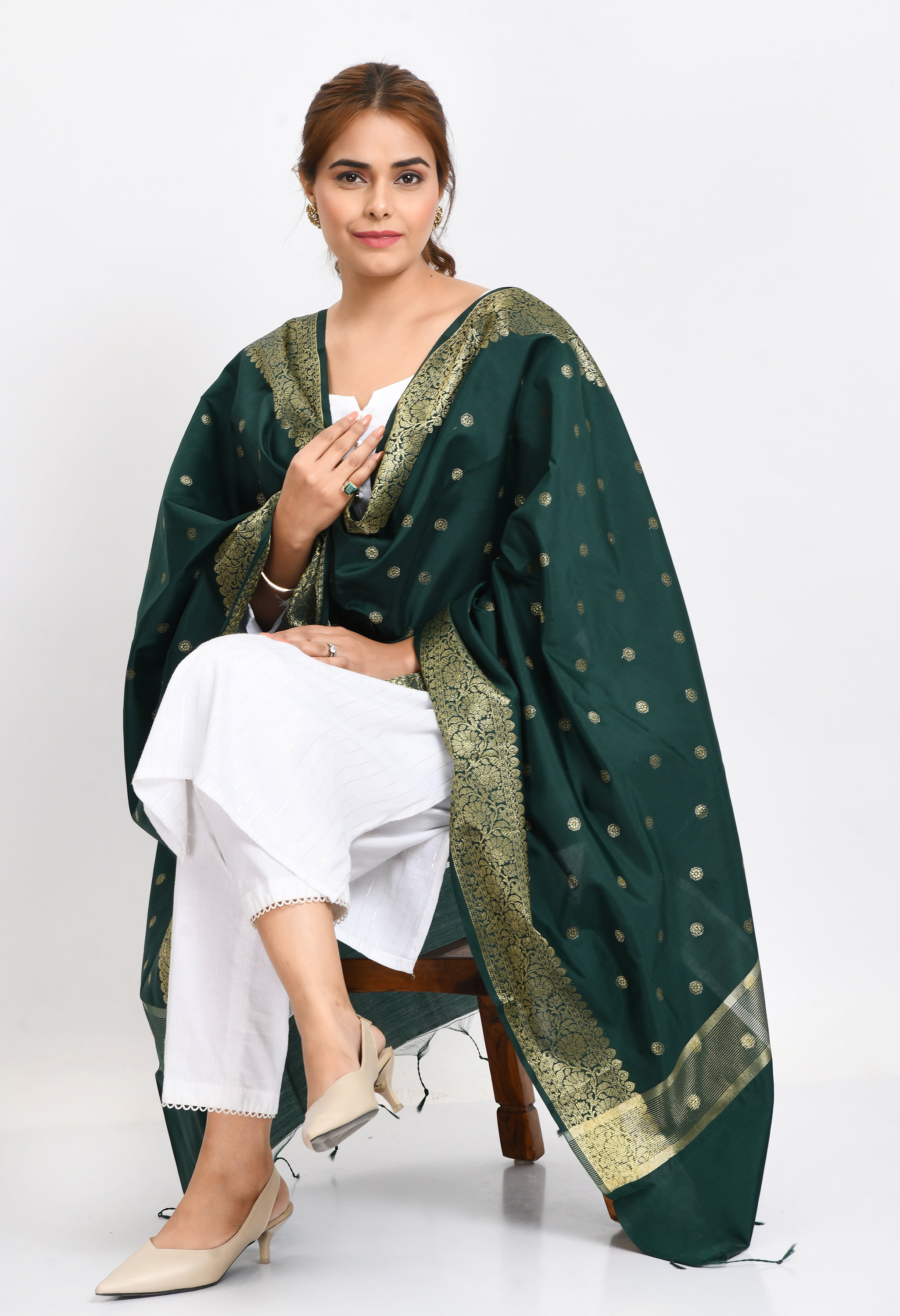 Women's Banarsi Silk Woven Design Bottle Green Dupatta - Moeza