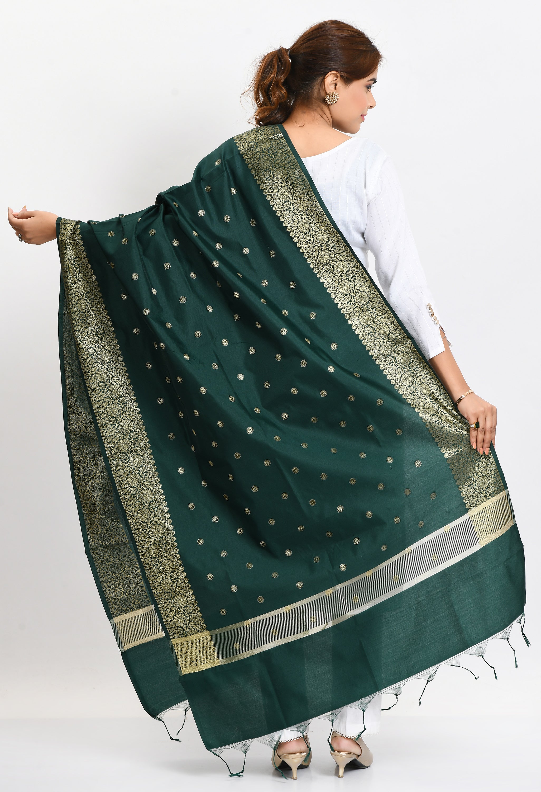 Women's Banarsi Silk Woven Design Bottle Green Dupatta - Moeza