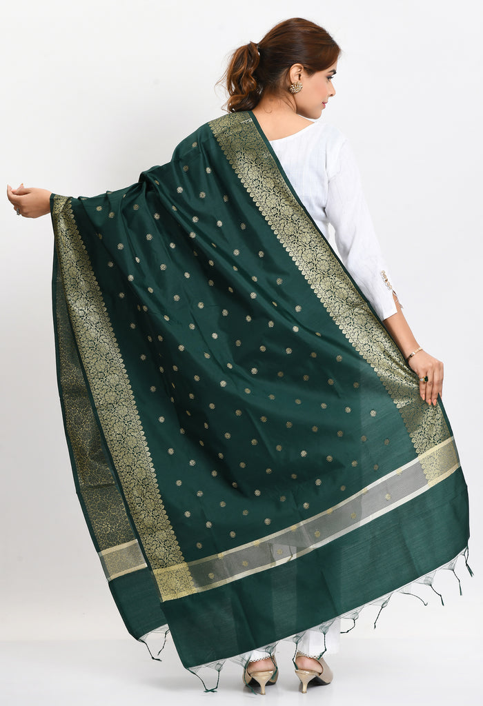 Women's Banarsi Silk Woven Design Bottle Green Dupatta