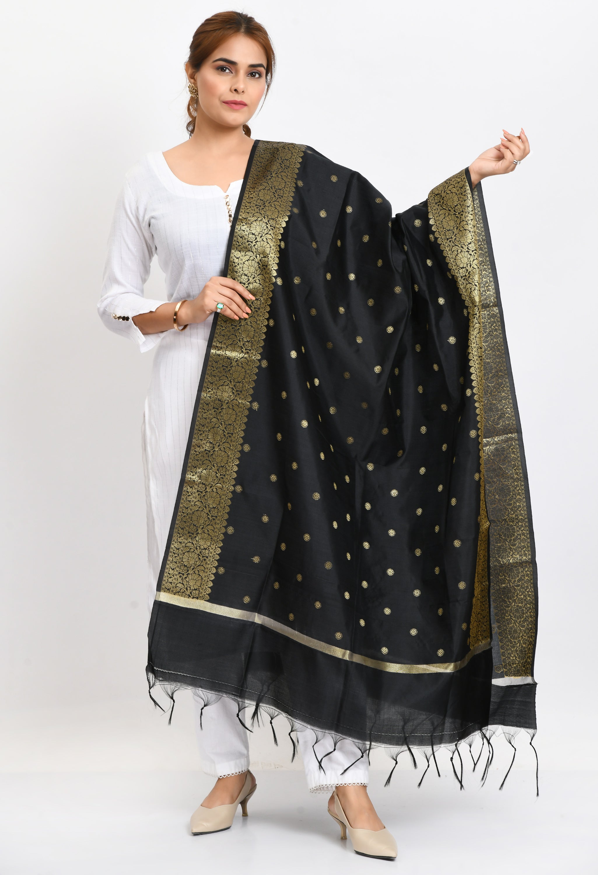 Women's Banarsi Silk Woven Design Black Dupatta - Moeza