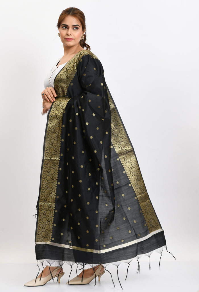 Women's Banarsi Silk Woven Design Black Dupatta
