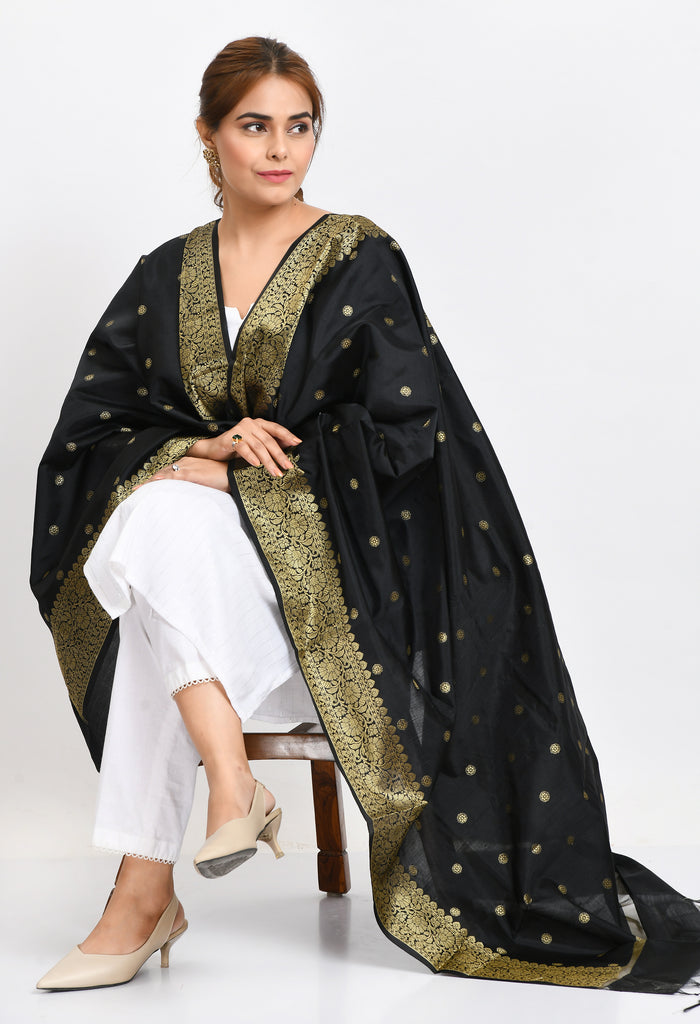 Women's Banarsi Silk Woven Design Black Dupatta