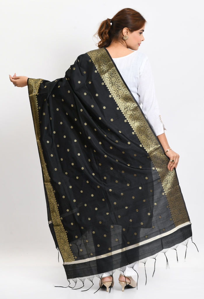 Women's Banarsi Silk Woven Design Black Dupatta