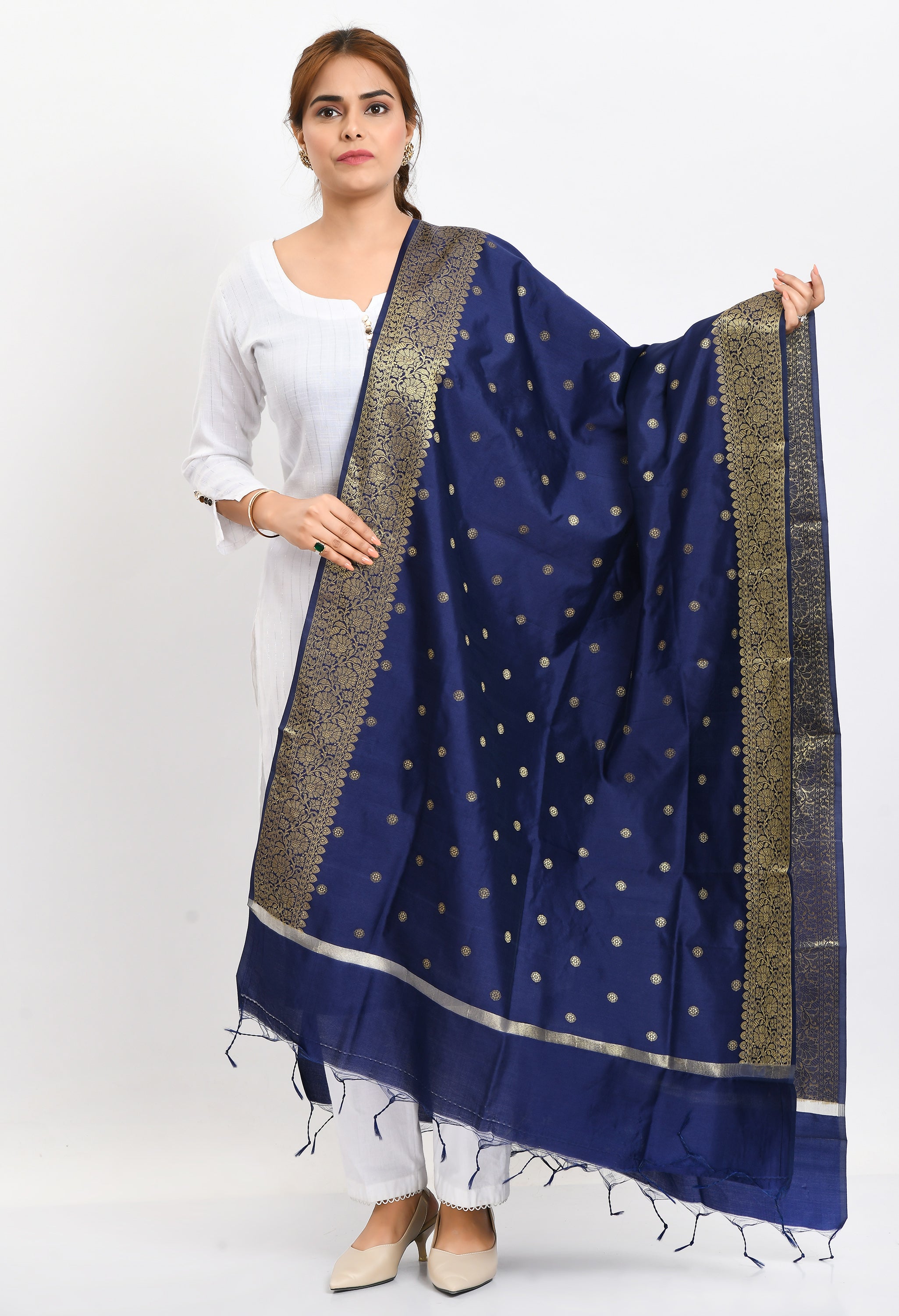 Women's Banarsi Silk Woven Design Navy Blue Dupatta - Moeza