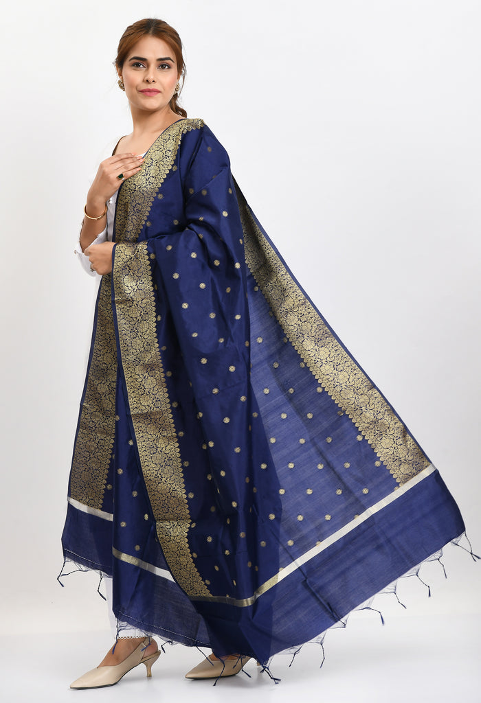 Women's Banarsi Silk Woven Design Navy Blue Dupatta