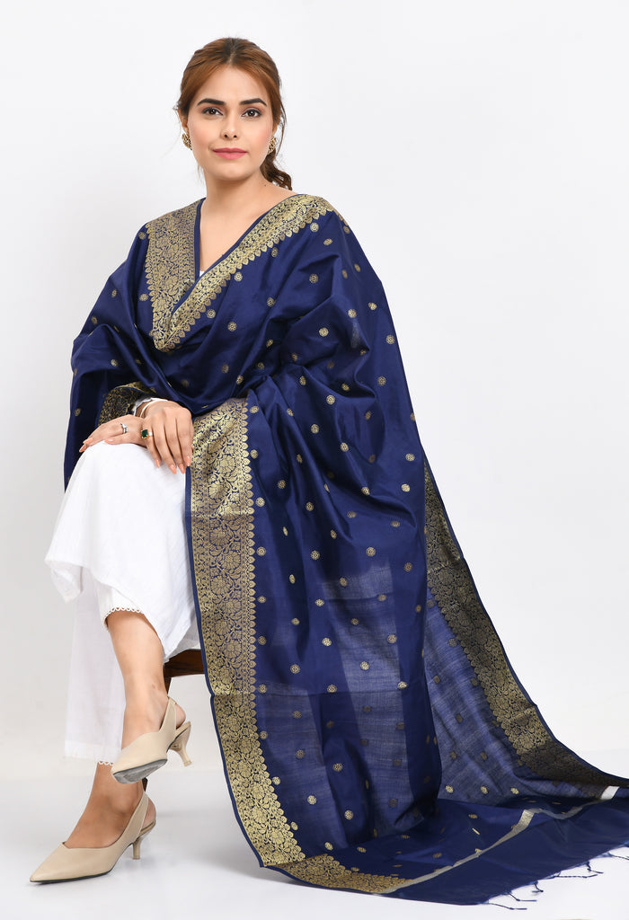 Women's Banarsi Silk Woven Design Navy Blue Dupatta