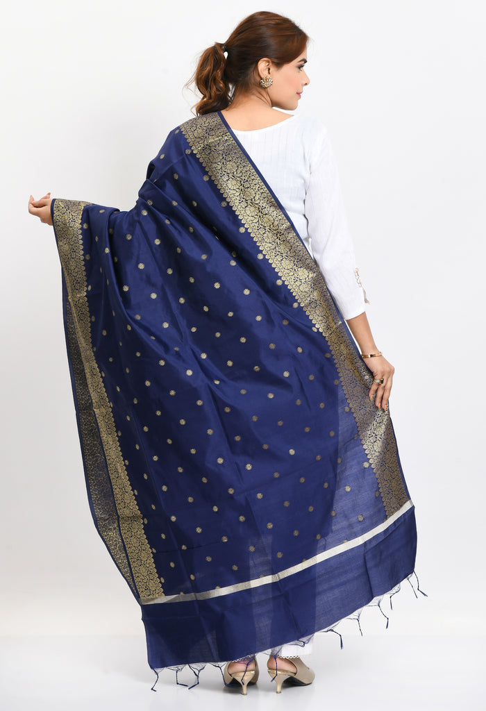 Women's Banarsi Silk Woven Design Navy Blue Dupatta