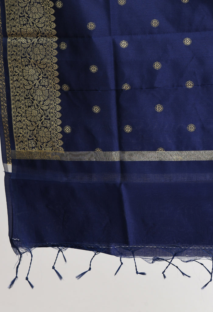 Women's Banarsi Silk Woven Design Navy Blue Dupatta